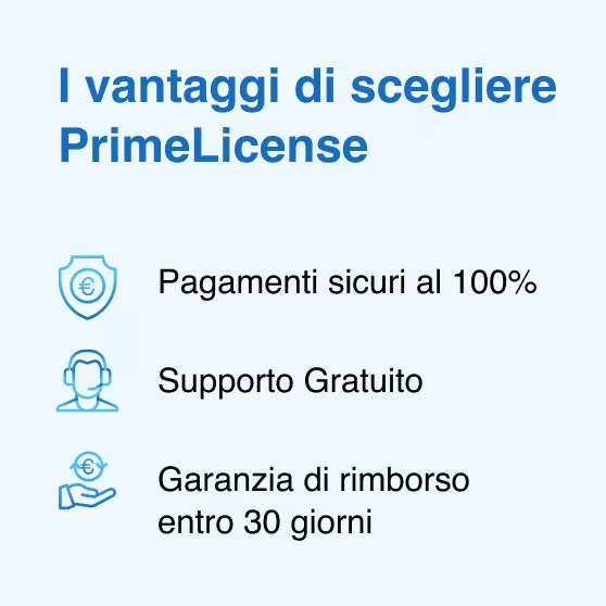 Vantaggi di acquistare da PrimeLicense: pagamenti sicuri, supporto gratuito e garanzia di rimborso di 30 giorni