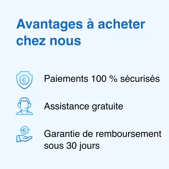 Avantages d’acheter chez PrimeLicense : paiements sécurisés, assistance gratuite et garantie de remboursement de 30 jours