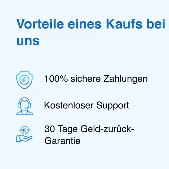Vorteile beim Kauf bei PrimeLicense: sichere Zahlungen, kostenloser Support und 30-Tage-Geld-zurück-Garantie