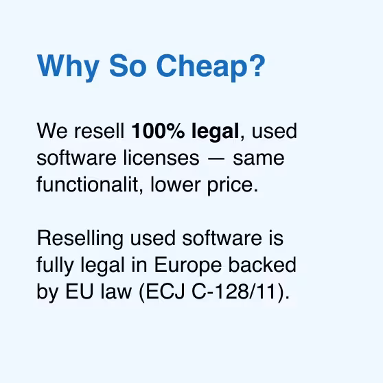 We sell 100% genuine pre-owned software licenses fully compliant with EU law