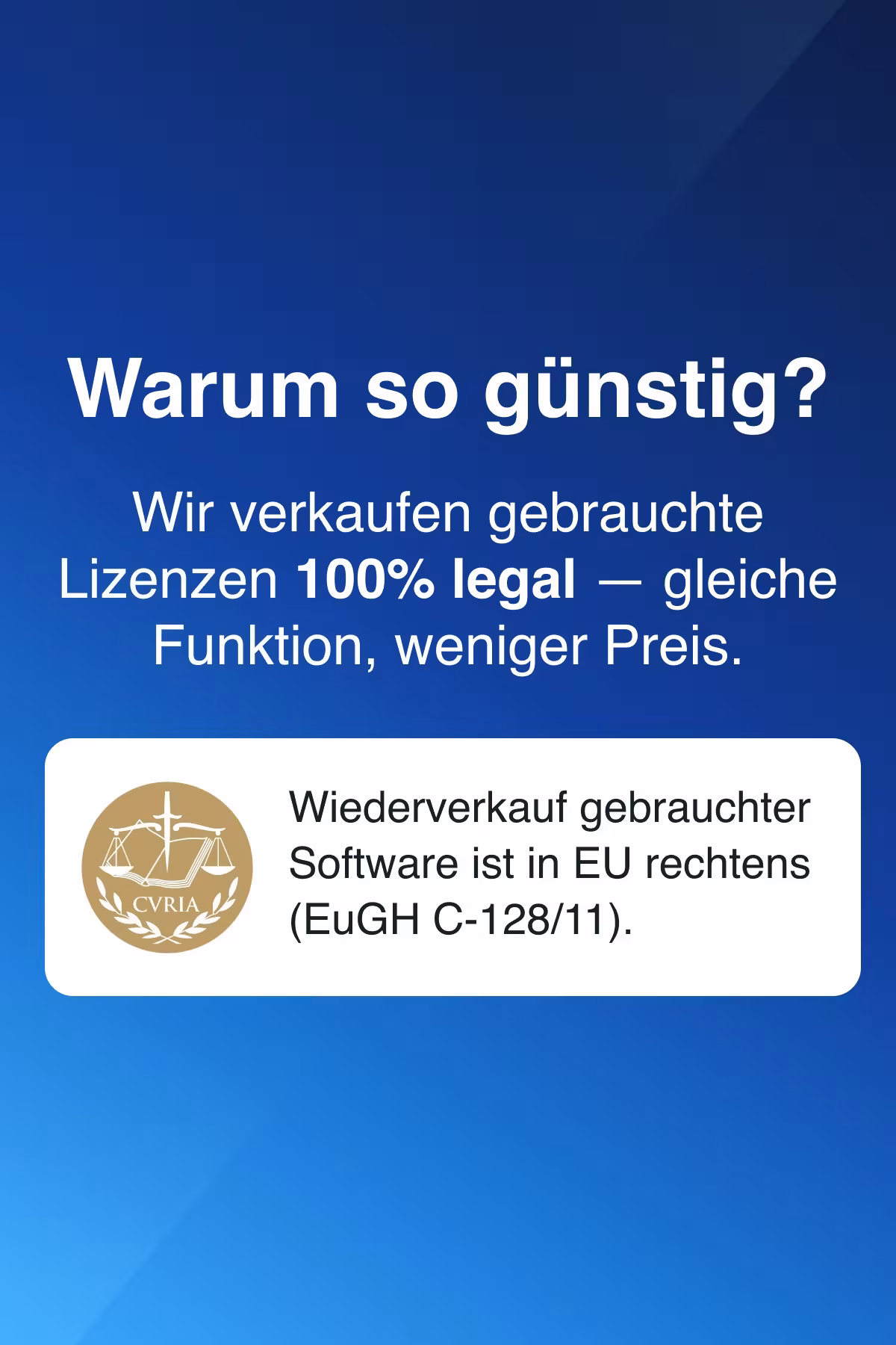 Wir verkaufen 100 % originale gebrauchte Softwarelizenzen, die dem EU-Recht entsprechen